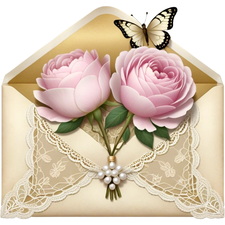 A delicate still life of an aged love letter sealed with golden wax, placed on a vintage lace doily, accompanied by a bouquet of pale pink roses and white peonies, with a shimmering pearl butterfly resting on the envelope. emoji