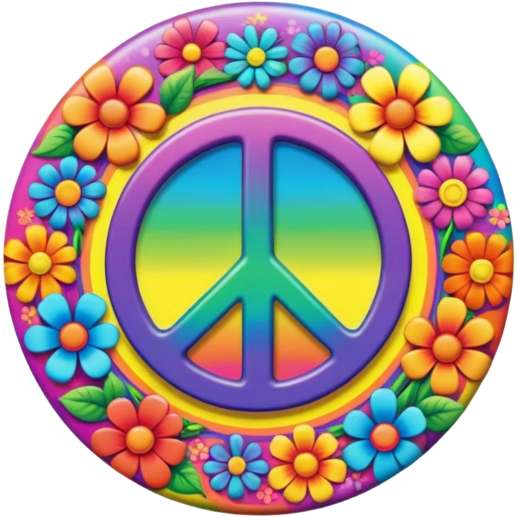 A round psychedelic colored button that says love, peace, and joy with rainbow colored hippie style flowers emoji