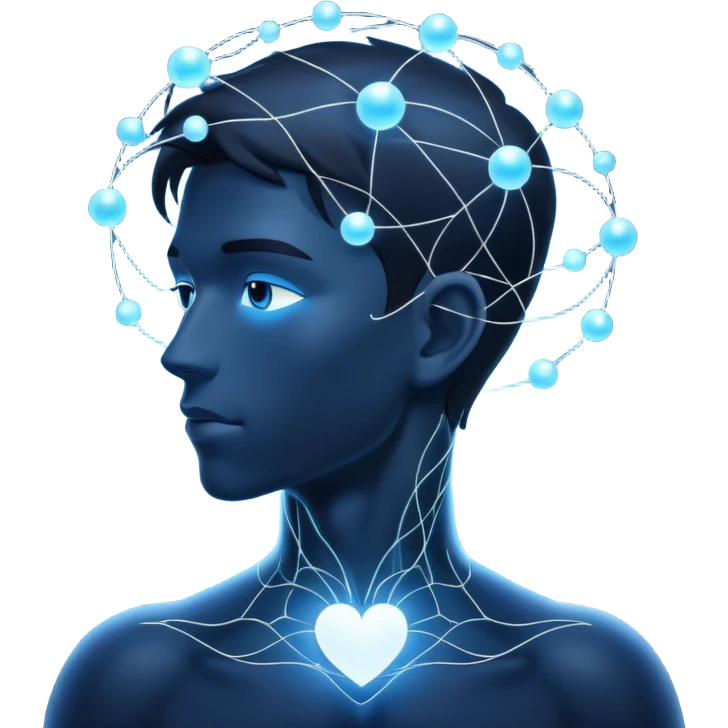 elegant man silhouette with delicate interconnected lines and floating orbs, luminous cores at head and heart, soft white-blue light emoji
