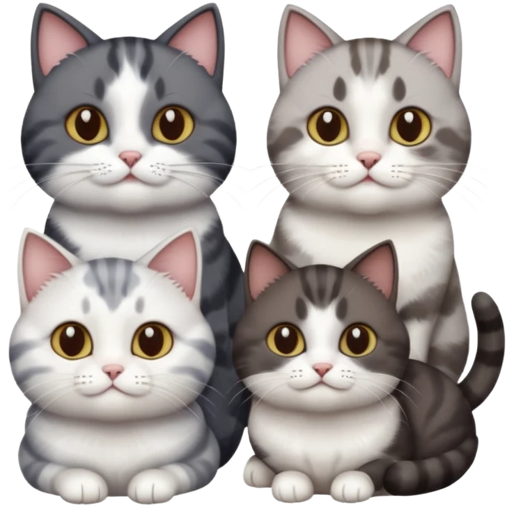 4 different coloured short haired cats including; a dark brown and white cat, and a dark grey and white  emoji