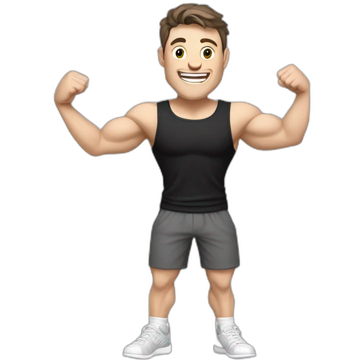 Joyful Celebrating victory Pale skinned Fit Man With the biceps and dark brown hair in black shirt, gray sports shorts and white Sneakers emoji
