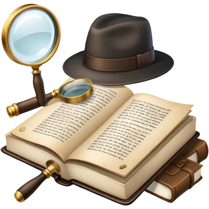 Icon for Detective Reading: an open book with text and a magnifying glass, a detective’s hat and a notebook with clues, surrounded by dark shadows and mysterious elements like footprints. Transparent background. emoji