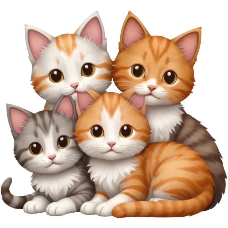 6 tiny kittens cuddling together all different colours, the first one is grey and white, the second is ginger and white and the third is brown tabby and white emoji