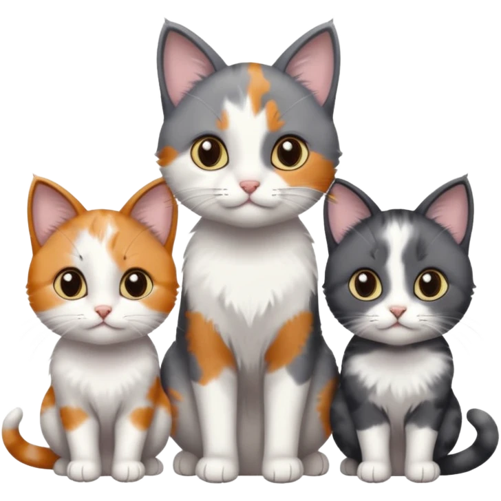 3 different coloured small cats including a dark grey and white, and a patchy calico and a completely solid dark grey with only white paws emoji