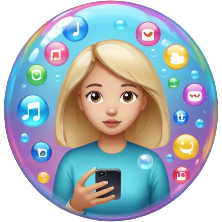 a girl inisde a buble watching her phone and put apps floading around do tik tok instagram and snapcjat emoji