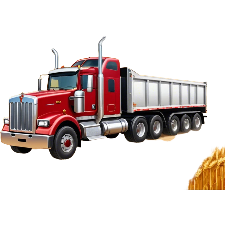 Kenworth T909 (2022) – Cinematic-realistic Kenworth T909 grain truck, its deep red cab gleaming under the scorching Australian sun. The massive trailer is filled to the brim with golden wheat, rolling down dusty farm roads, leaving a faint trail of chaff in its wake. emoji