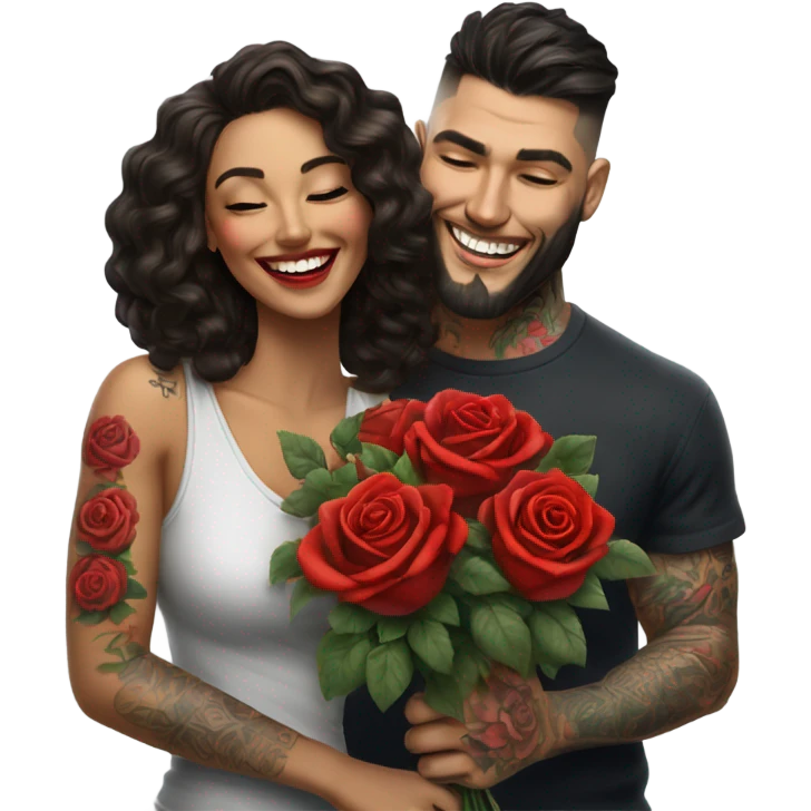 Hyper Realistic beautiful woman smells bouquet of bright red roses laughing with handsome tattooed man  emoji