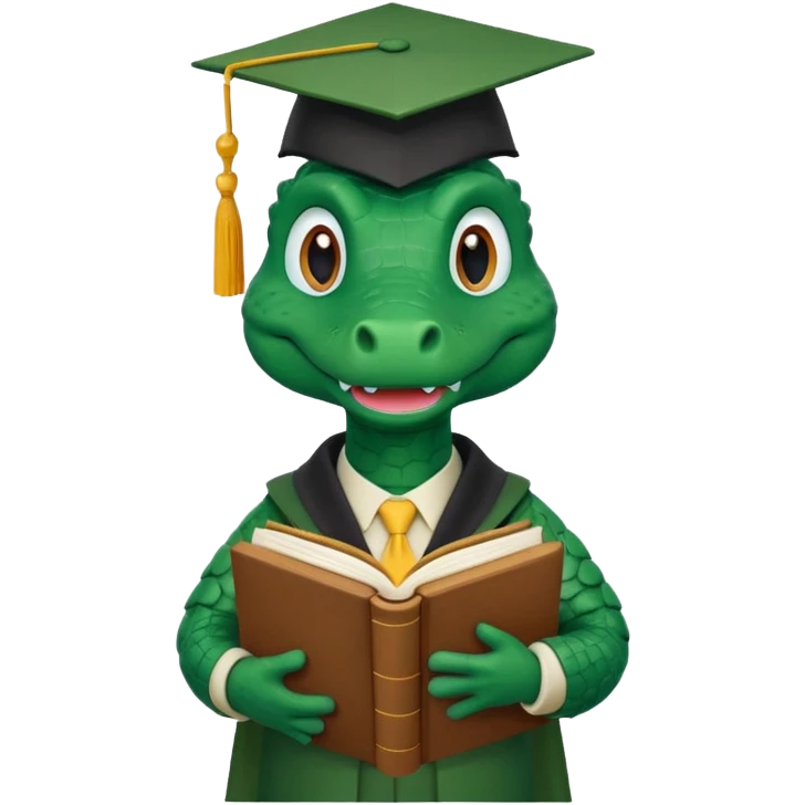 A claymation-style academic alligator with a book. The background is a solid white circle emoji