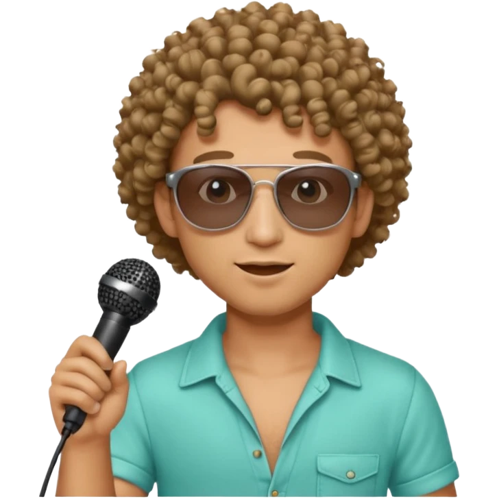 curly haired man with summer clothes and sun glasses holding microphone emoji