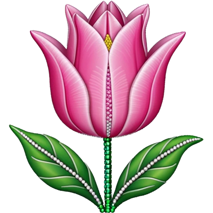 french beaded pink tulip flower with 2 leaves, handmade with glass beads, no background emoji