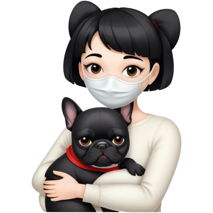 girl with short black straight bangs hair wearing a white mask and hugging a black French bulldog emoji