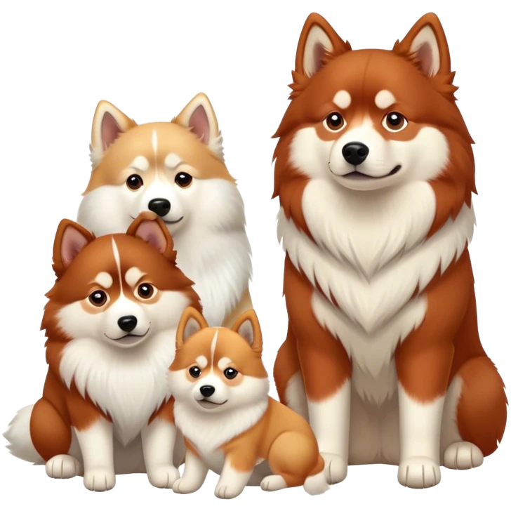 three dogs sitting side by side: a red siberian husky, a finnish lapphund, and a samoyed emoji