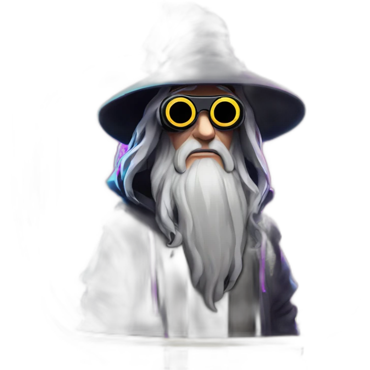 Gandalf wearing a black hoodie with "OMG" letters on it and VR headset in a cyberpunk VR environment with violet neon lighting. emoji