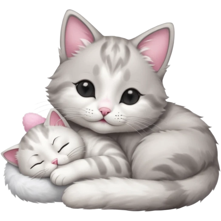 1 grey and white small cat with its eyes closed lying down leaning on its elbow with its paw curled under his head holding it up emoji