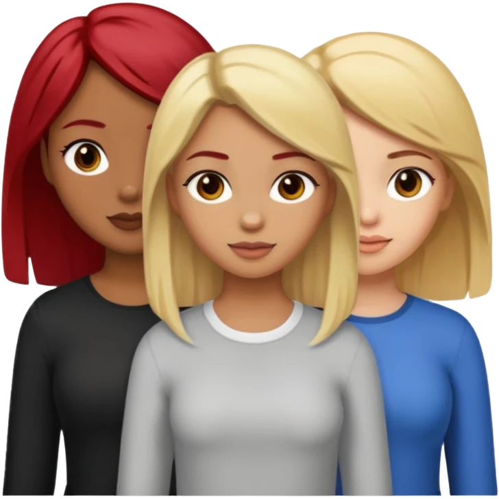 3 girls. 1 light skin with blonde hair 1 brown skin with black hair and 1 tan skin with brownish/red hair emoji