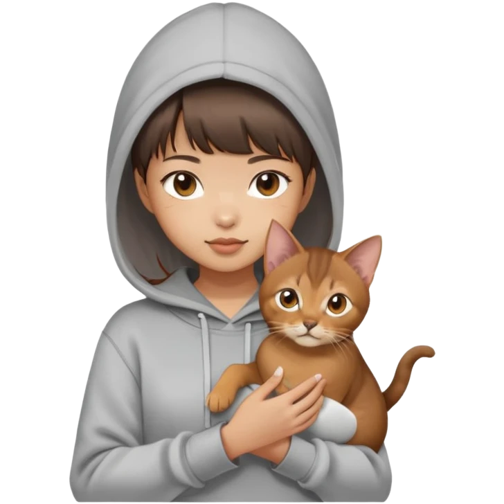 a asian girl with short brown hair and bangs holding an Abyssinian cat， wearing grey hoodie emoji