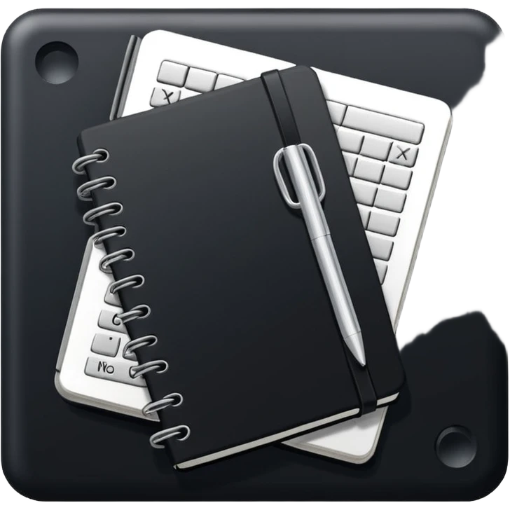 Minimalistic flat vector icon, iOS style, thin black contour on white background. Small black notebook with visible binding, placed next to a calculator. Clean, modern, no text, no shadows. emoji