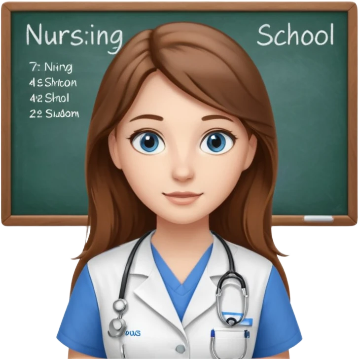 inside a classroom at university that says nursing school on the board with a pretty female nursing student with long brown hair, blue eyes emoji