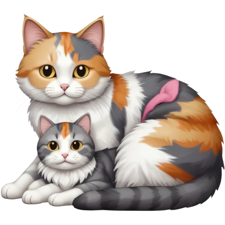 full body colourful light patched calico + white tabby cat cuddling a large grey and white cat  emoji