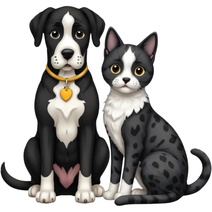 Black and white great dane dog sitting with a black and white cat emoji