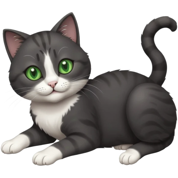 beautiful female solid dark grey cat with green eyes, white toes/paws and white patch on her chest playfully rolling upside down emoji