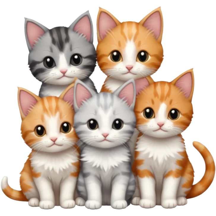 6 tiny kittens cuddling together all different colours, the first one is grey and white, the second is ginger and white and the third is brown tabby and white emoji