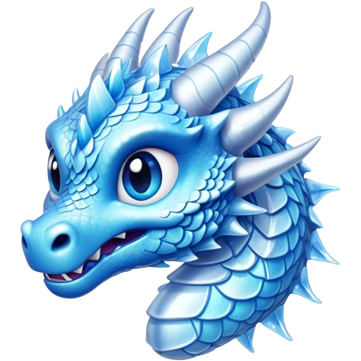 Cinematic Cute Beautiful Ice Dragon Portrait Emoji, Head tilted playfully and inquisitively, featuring a sleek, glacial form with intricately detailed, frost-kissed scales in shimmering blues and sparkling silver, accented by delicate ice crystal patterns and a gentle, enchanting glow; rendered with lifelike clarity and soft, natural light, high shine, charming and cool, styled with a touch of wintry fantasy, soft glowing outline, capturing the essence of a mischievous yet endearing ice guardian poised to twirl playfully into your dreams! emoji