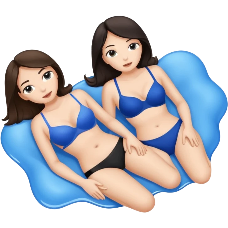 TWO only TWO white brunette women lying down full body melting into each other. one is wearing a blue bra and one is wearing a black bra. but they r melting into each other emoji