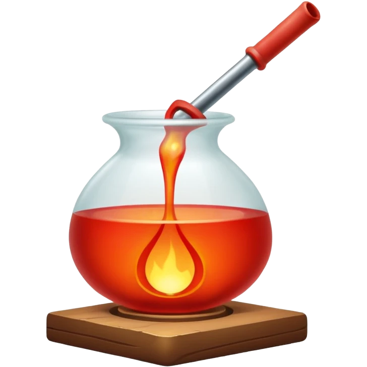 Glassblowing and casting icon, molten glass being shaped into a delicate object with a blowpipe, glowing red-hot glass being poured into a mold, unfinished glass sculpture, minimalistic style, clean lines, transparent background. emoji