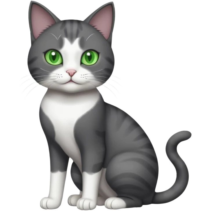 full body view of beautiful female solid dark grey cat with green eyes, white toes/paws and white patch on her chest emoji
