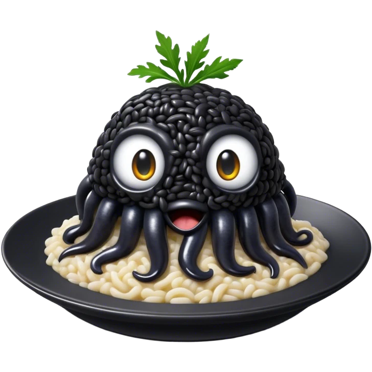 Cinematic Realistic Black Risotto Dish Emoji, showcasing a rich squid ink-infused risotto rendered with bold textures and dynamic, dramatic lighting. emoji