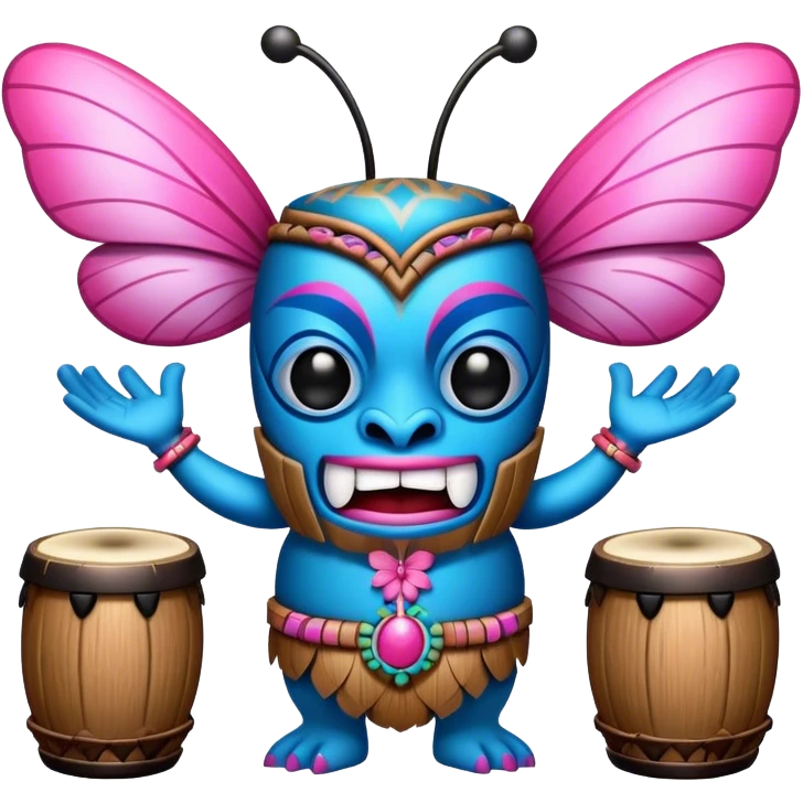 Cartoon Blue and pink tiki singing with butterfly and bongos emoji