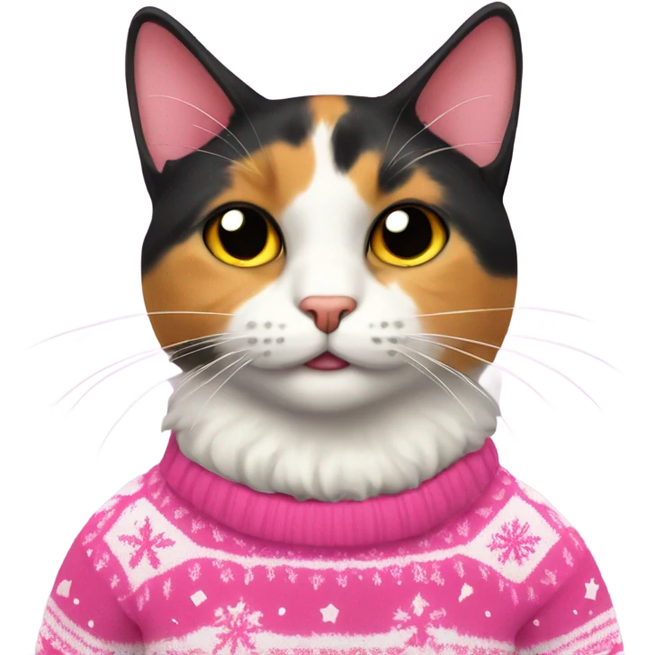 Calico cat wearing pink Xmas sweater emoji