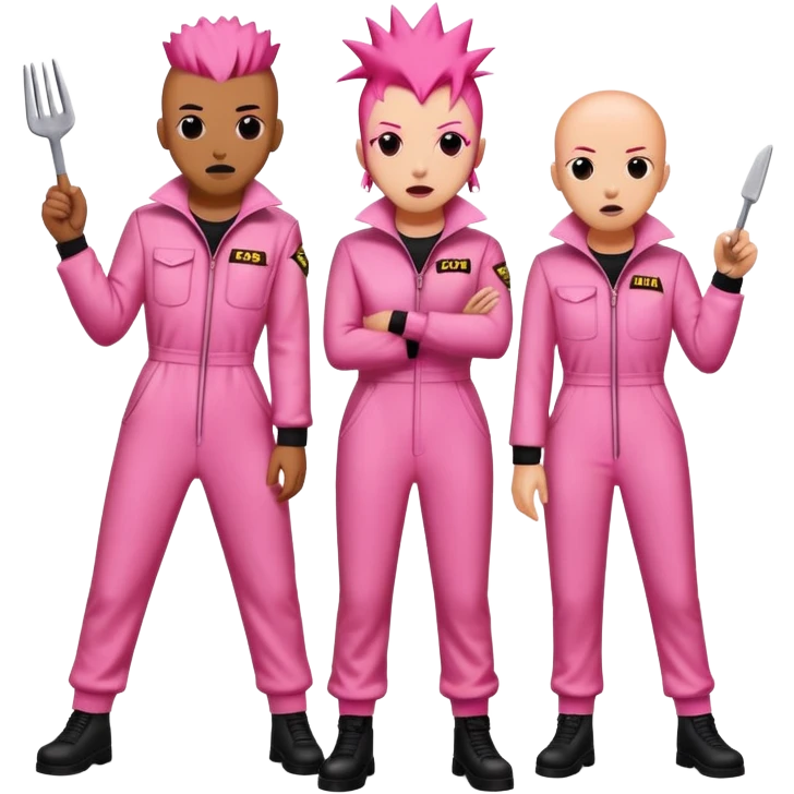 punk artists in pink jumpsuits picketing for spam meat is art emoji