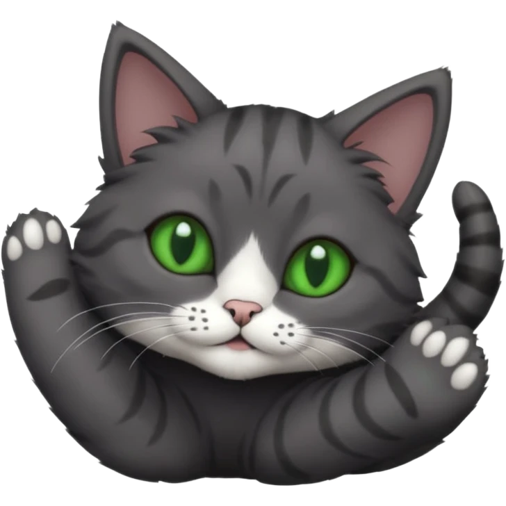 solid dark grey cat with green eyes, completely solid grey face, white toes/paws playing rolling upside down emoji