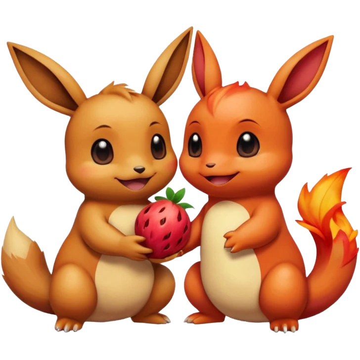 Eevee and Charmander sitting side by side, happily sharing a big fruit together. Both look joyful and friendly, drawn in a playful emoji-like cartoon style. emoji