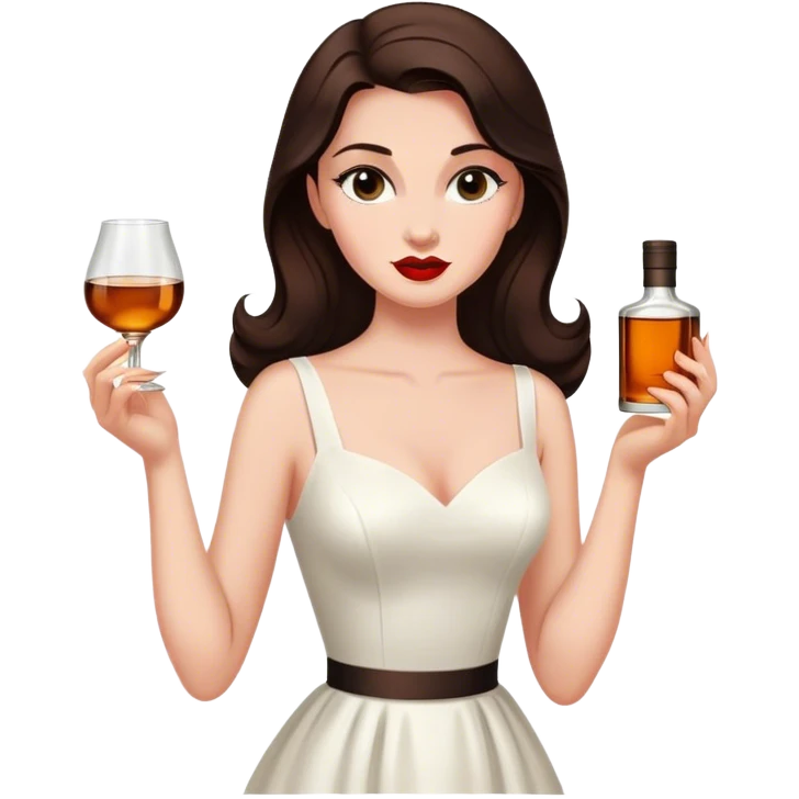 Beautiful woman in 1950’s woman fashion look, white dress, long dark brown hair, whisky emoji