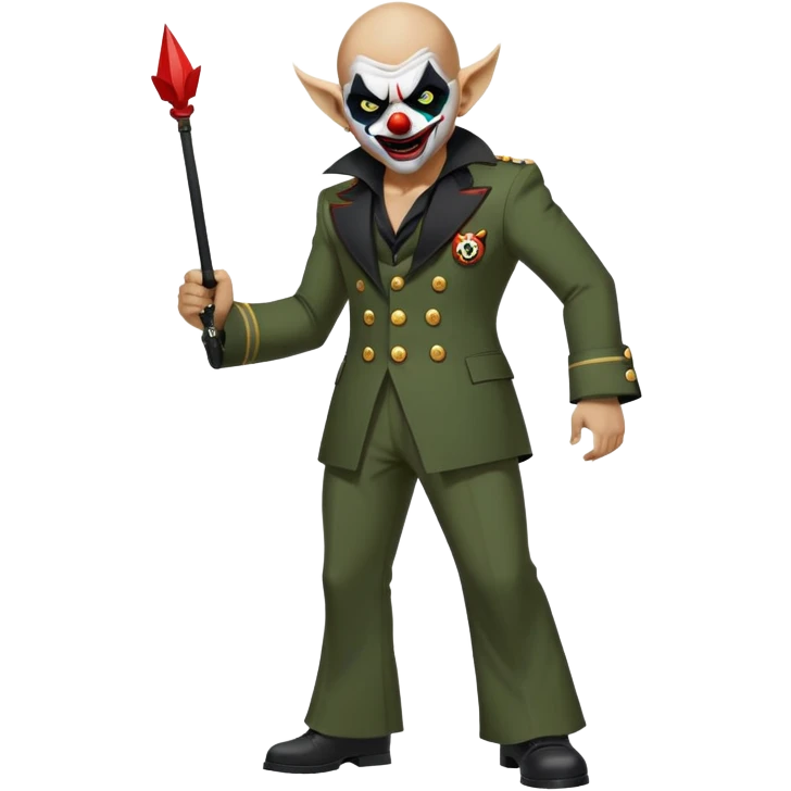 evil clown, bald, small black satan horns on forehead, fangs, pointed ears, eye patch over one eye, black and military green leisure suit with bellbottom pants, realistically proportioned, less bulky, full body, battle-ready fighting posture emoji