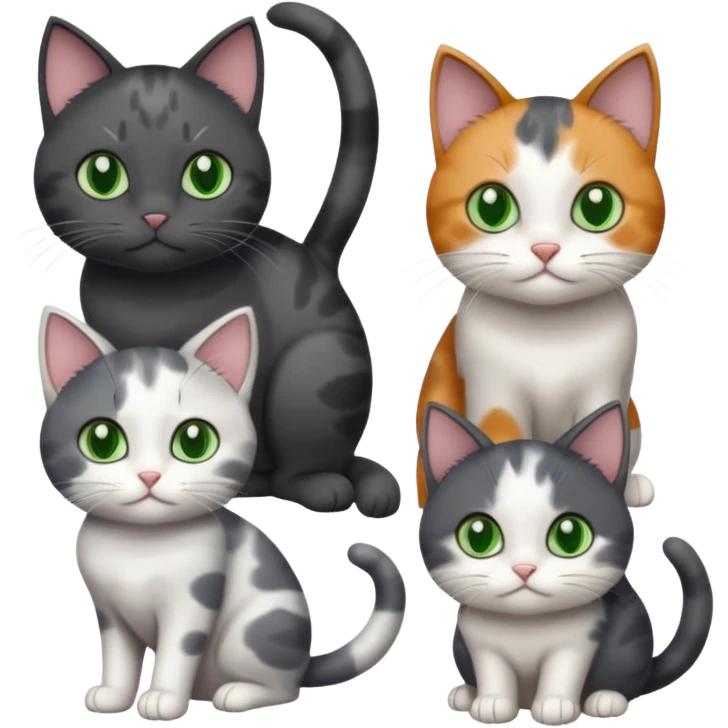 3 different coloured small cats including a dark grey and white, and a patchy calico and a completely solid dark grey with green eyes and only white paws emoji