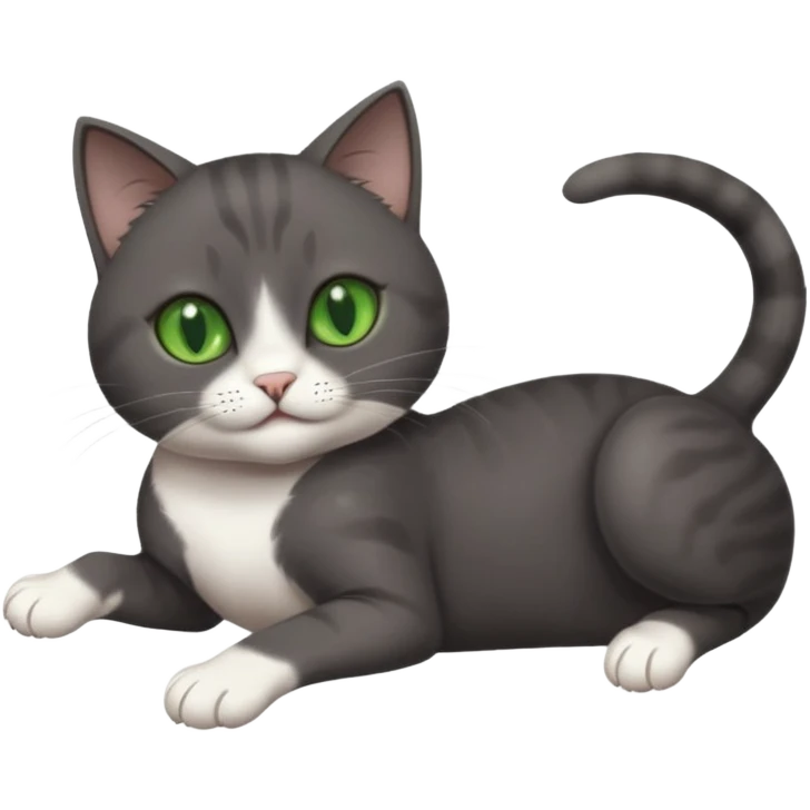 dark grey cat with green eyes, white toes/paws and white patch on her chest playfully rolling upside down emoji