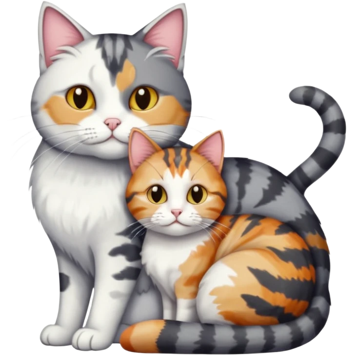 full body colourful light patched calico + white tabby cat cuddling a bigger cat that is dark grey and white tabby cat  and they are in love emoji