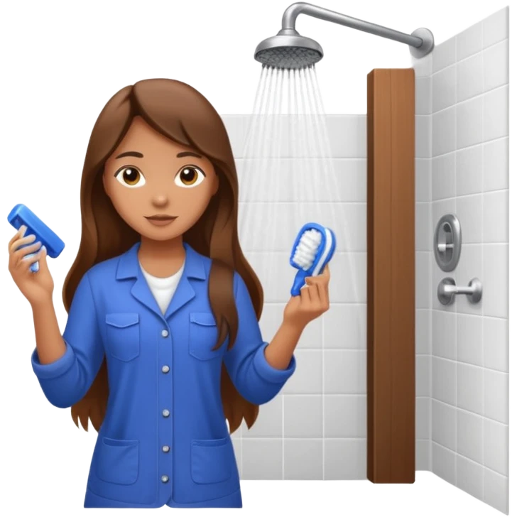 beautiful girl with long brown hair constructing new bathroom area with new shower and amenities  emoji