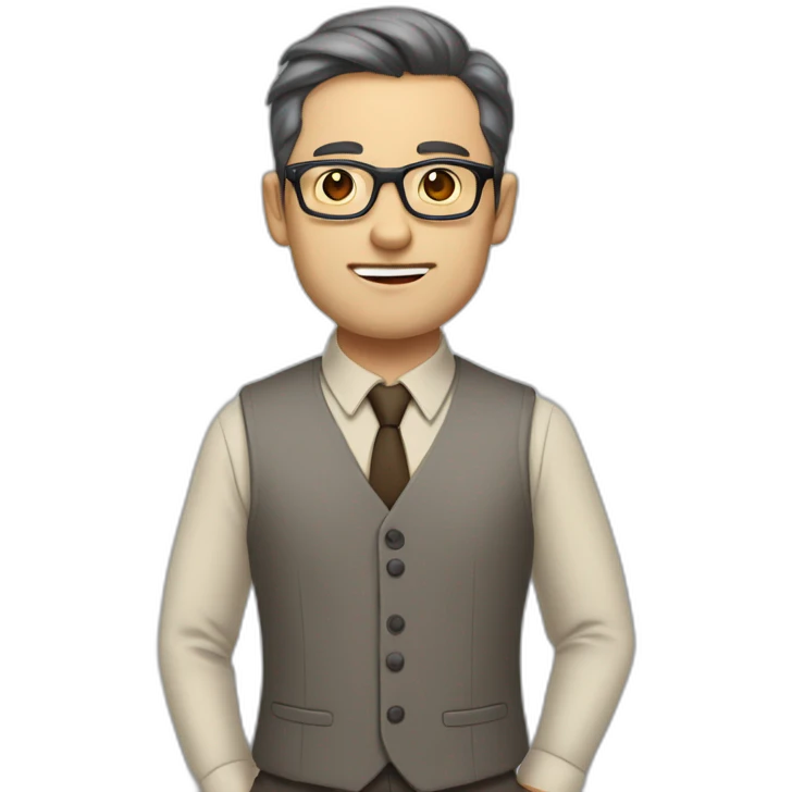 Full height Actively gesturing with hands Pale skinned fit man with dark brown hair in gray jacket, beige office shirt, brown tie, brown pants and vintage glasses. emoji