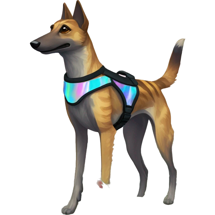  brindle brown black maroon striped lurcher Alsatian fox running blue eyes and iridescent holographic oilslick harness wearing paper iridescent tropical flower crown yellow caution tape emoji