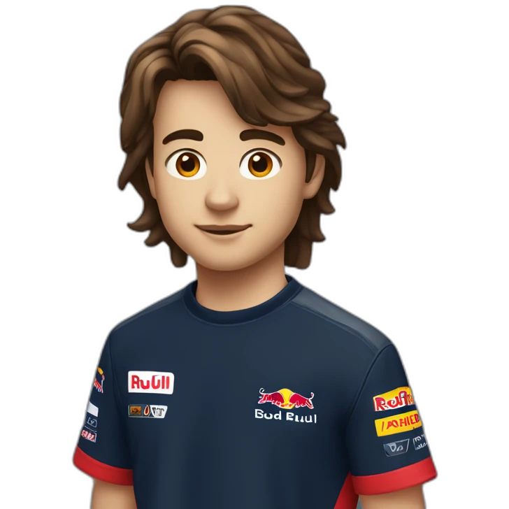 A 15 years old boy with long-brown hair and red bull  racing t-shirt emoji