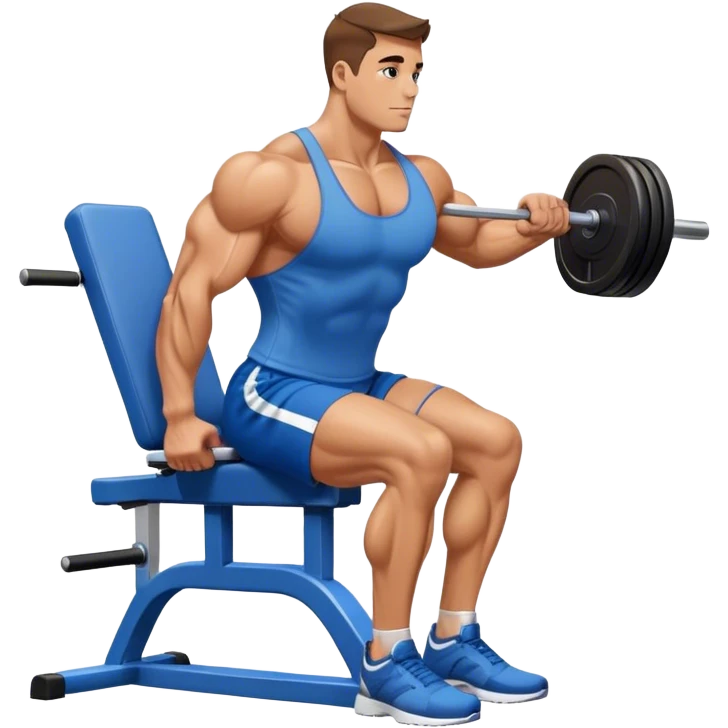 side-view bodybuilder in blue shorts seated weighted calf-raise machine on his tip toes emoji