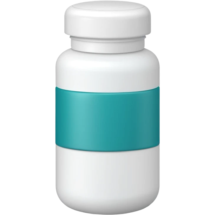 white and teal pill bottle with teal label emoji