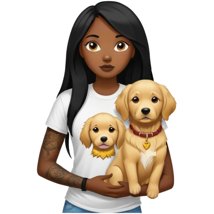 a black girl with long black  straight hair with  tattoos on the chest in the t-shirt and  a golden retriever emoji