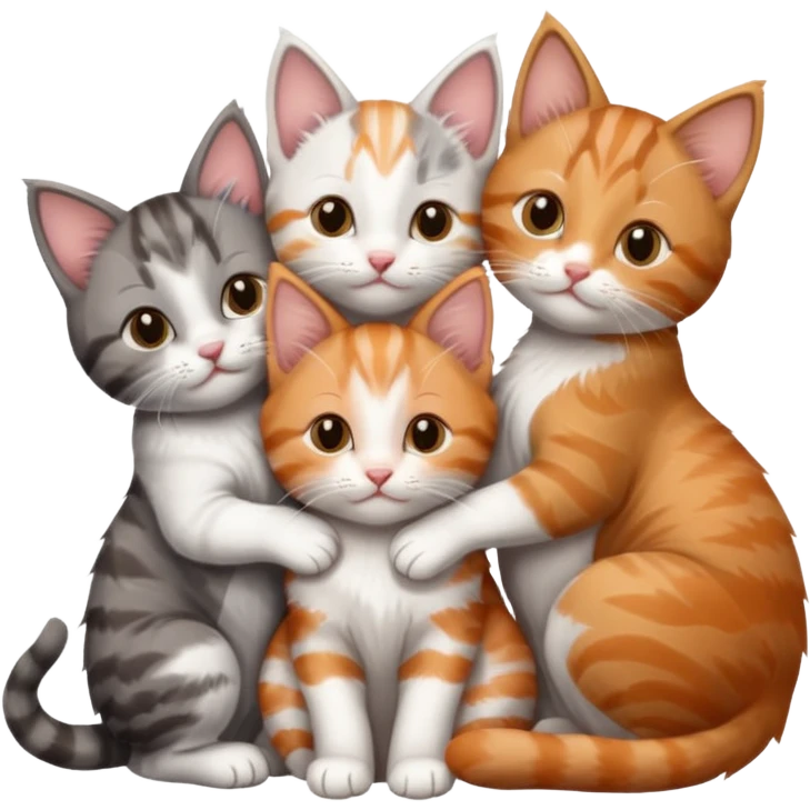 3 kittens cuddling together all different colours, the first one is grey and white, the second is ginger and white and the third is brown tabby and white emoji