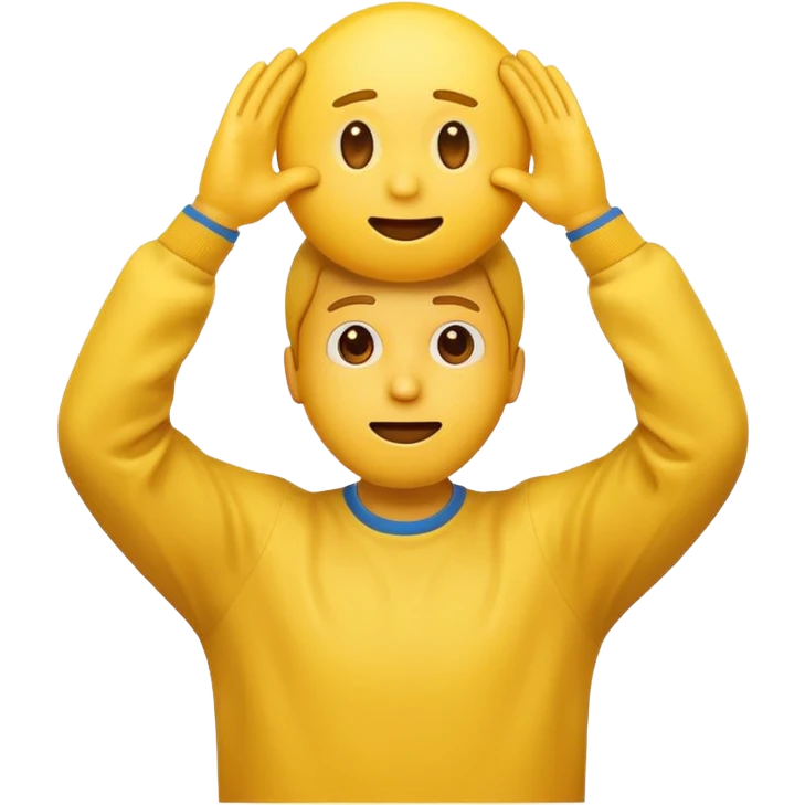 A man with both hands raised above his head. His expression is surprised but confident. Yellow emoji man.  emoji